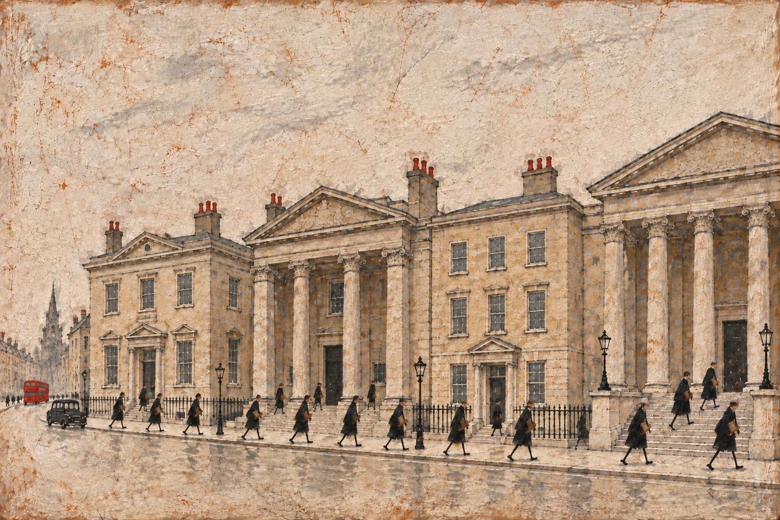 Painting of a street of offices, a bank and a court, with people carrying files between them
