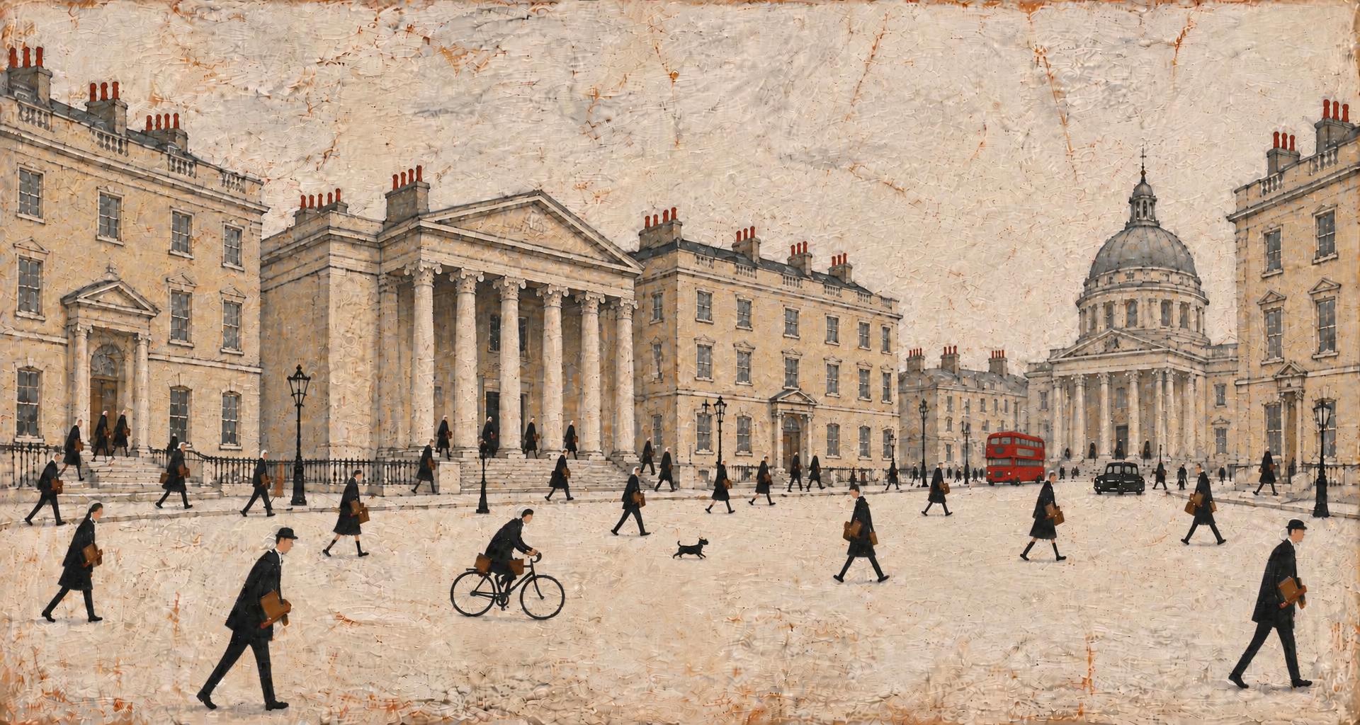 Painting of office workers carrying files across a square lined by a bank, offices and a domed court