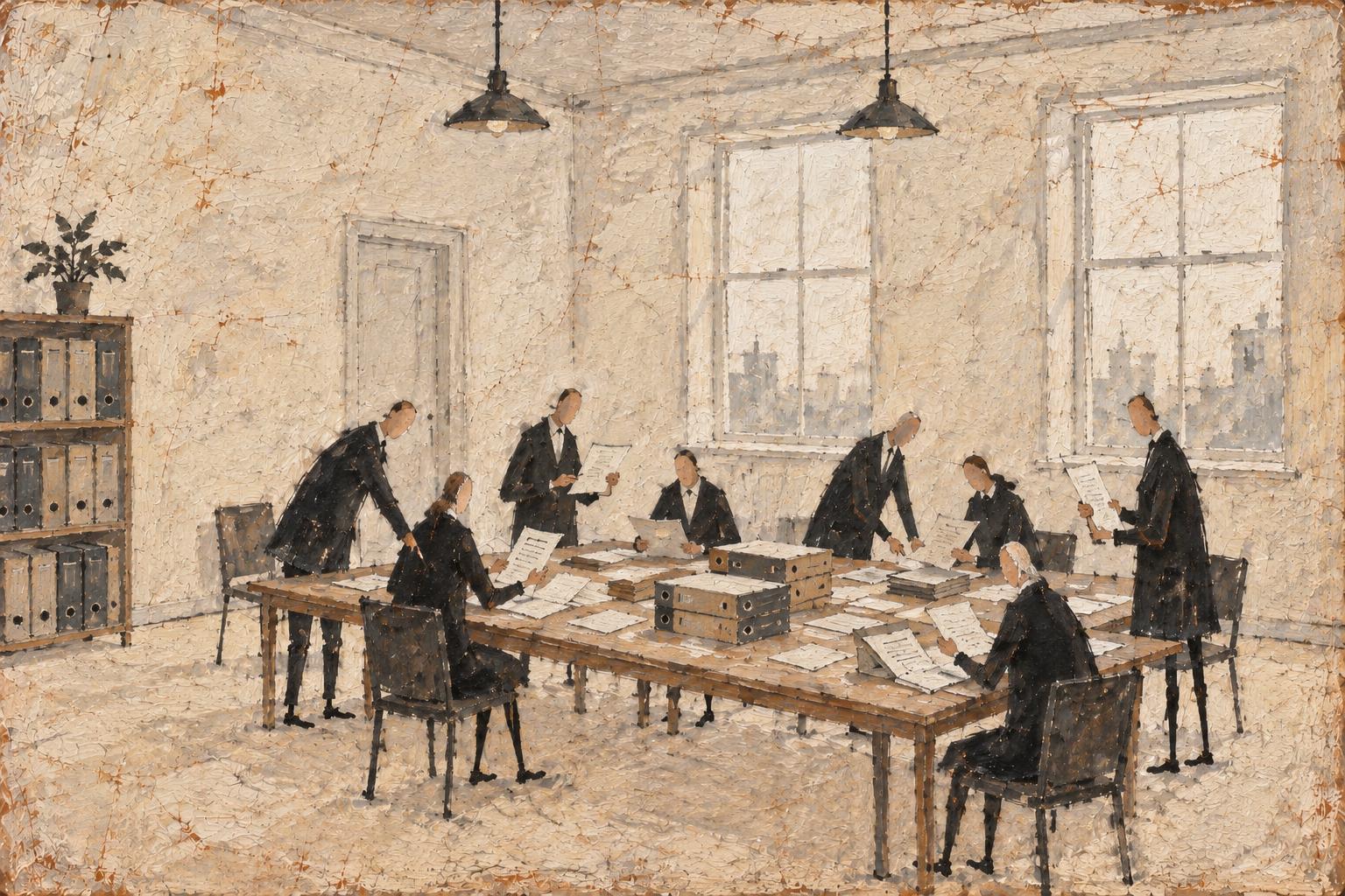 Painting of a team reviewing papers and files around a shared table